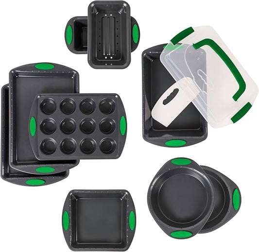 BergHOFF 11Pc Perfect Slice Bakeware Set, Covered Rectangle Cake Pan, Cookie Sheets, Muffin Pan, Loaf Pan, Round, Square and Rectangle Cake Pans, Slicer, Non Toxic, PFOA Free, Silver & Green