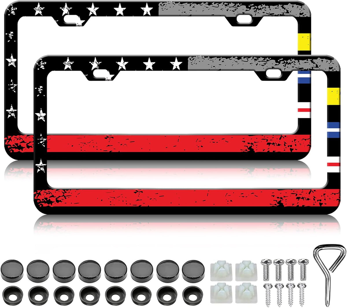 American Flag License Plate Frames - 2 Pack Colorful US Flag Stainless Steel License Plate Holder,Rust-Proof Waterproof Car Decorative Tag Frame with Screws Fasteners Caps