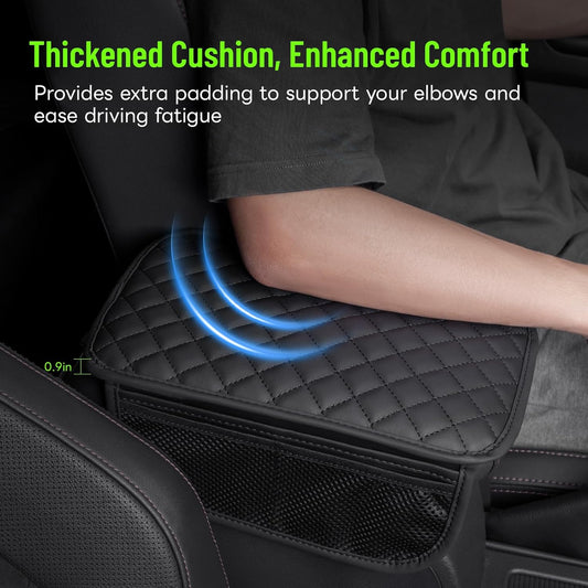 Car Center Console Cover with 6 Storage Pockets, Leather Car Arm Rest Cover Thickened Cushion, Universal Vehicle Armrest Pad Interior Protector, Black