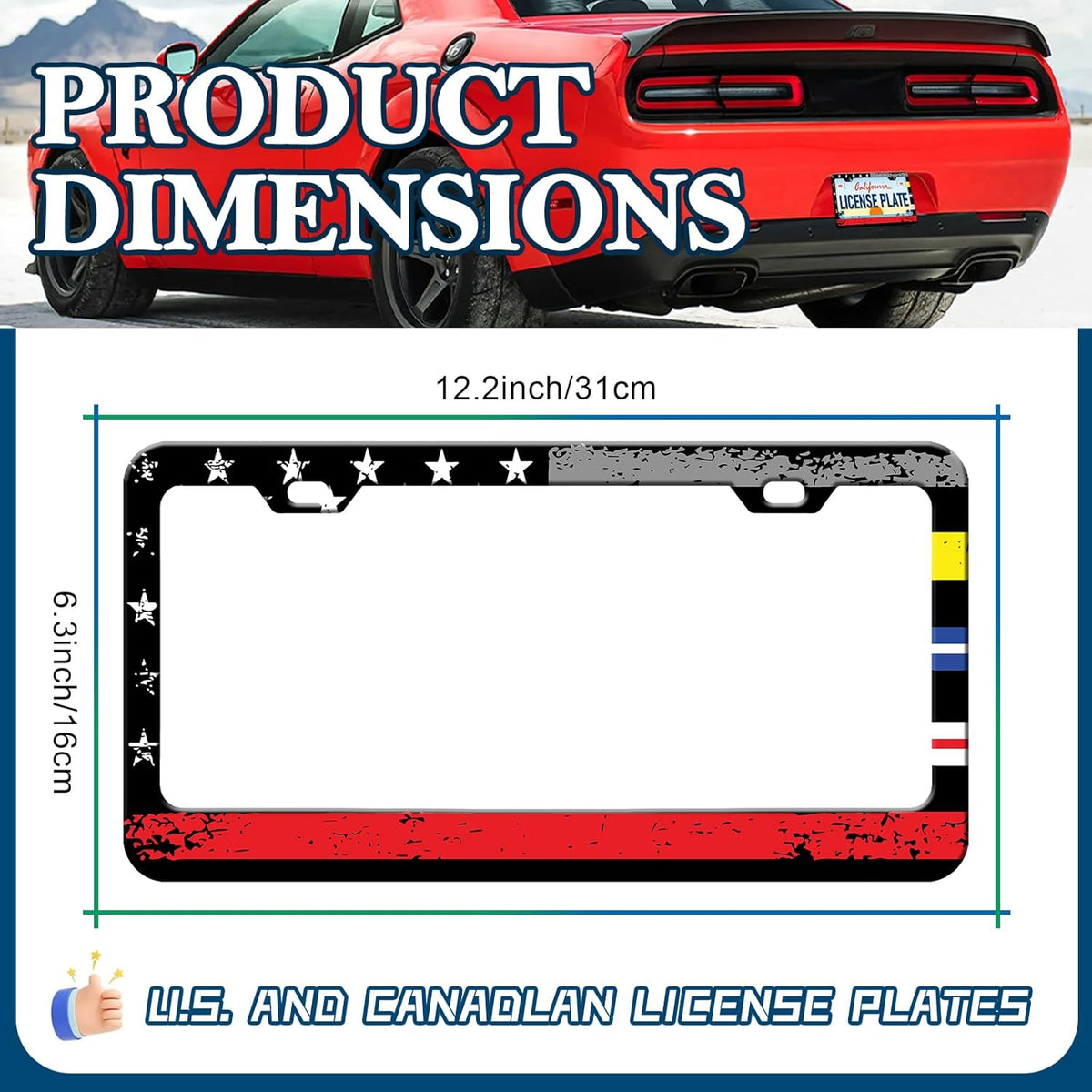 American Flag License Plate Frames - 2 Pack Colorful US Flag Stainless Steel License Plate Holder,Rust-Proof Waterproof Car Decorative Tag Frame with Screws Fasteners Caps