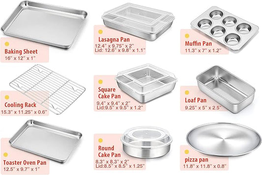 TeamFar Stainless Steel Bakeware Sets, Baking Sheet with Rack, Toaster Oven Pan & Pizza Pan, Lasagna Pan with Lids, Square & Round Cake Pan with Lids, Muffin & Loaf Pan, Healthy