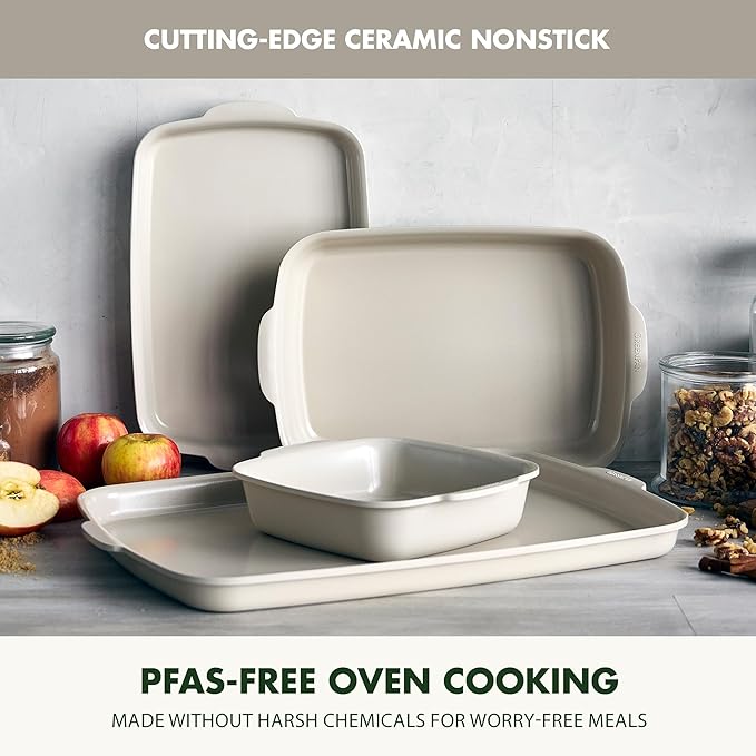 GreenPan Premiere Ovenware Healthy Ceramic Nonstick 4 Piece Bakeware Set, PFAS-Free, Rectangular, Square, Quarter, Half Sheet Baking Pans, Warp-Free, Oven & Broiler Safe 600F, Dishwasher Safe, Taupe