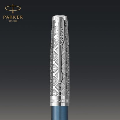 PARKER Sonnet Fountain Pen Premium Metal and Blue Satin Finish with Chrome Trim Fine 18k Gold Nib with Black Ink Cartridge Gift Box
