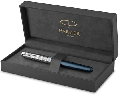 PARKER Sonnet Fountain Pen Premium Metal and Blue Satin Finish with Chrome Trim Fine 18k Gold Nib with Black Ink Cartridge Gift Box