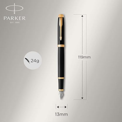 Parker IM Fountain Pen, Black Lacquer with Gold Trim, Fine Nib - Includes Blue Ink Refill and Elegant Gift Box