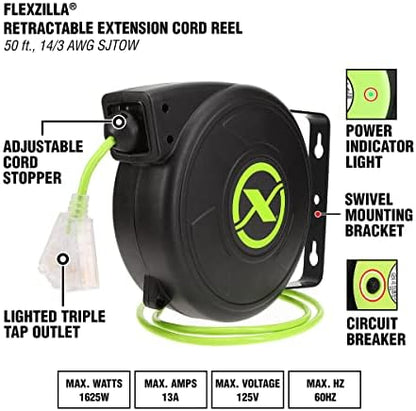 Flexzilla Retractable Extension, 14/3 AWG SJTOW, 50', Grounded Triple Tap Outlet Electric Cord Reel, ZillaGreen, FZ8140503