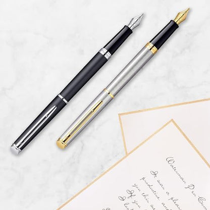 Waterman Hémisphère Fountain Pen Black with Gold Trim Medium Nib Blue Ink Gift Box