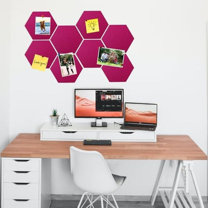 8 Pcs Hexagon Felt Cork Bulletin Board Tiles, Self Adhesive DIY Bulletin Board Pin Board for Office School Home Wall Decor Memos Photos Display(Rose Red)