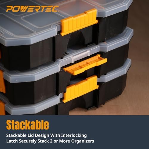 POWERTEC Stackable Tool Box Organizer with Removable Dividers - 17 Compartments, Interlocking, Portable Design (72118)