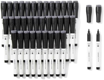 U Brands Dry Erase Markers Medium Tip Set, 36 Pack, Black, Whiteboard Pens with Medium Point and Built In Eraser Caps, Low Odor Ink, Dry Erase Markers For Classroom, Office, Or Home