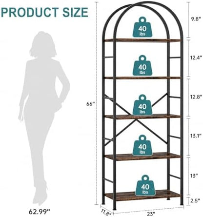 Shintenchi Bookshelf, Arched Bookshelf 5 Tier Bookcase, Tall Shelf for CDs/Books, Home Office Shelf Storage Organizer, Modern Book Shelf for Bedroom/Living Room, Rustic Brown