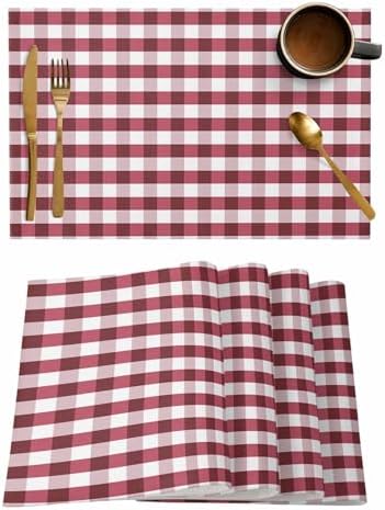 Christmas Placemats Set of 4, Rustic Burgundy White Buffalo Check Plaid Pattern Heat Resistant Washable Table Place Mats Farmhouse Table Linens Party Holiday Decor for Kitchen Dining Outdoor Indoor