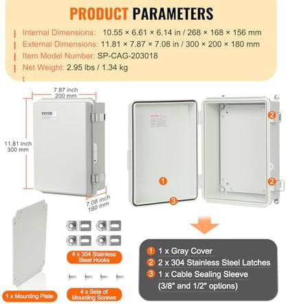 VEVOR Weather-Resistant Junction Box, Dimensions: 11.81 x 7.87 x 7.08 inches, Crafted from Durable ABS Plastic with a Secure Hinged Lid and Stainless Steel Lock, IP67 Rated for Superior Dust and Wa