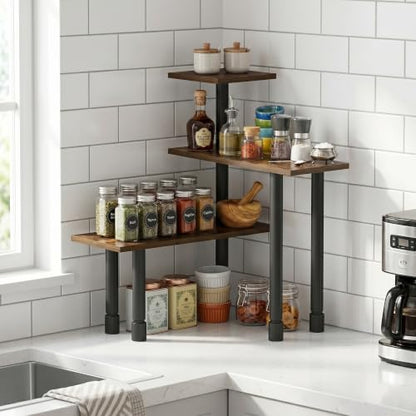 Furinno Turn-N-Tube Kitchen Countertop Organizer, 3-Tier Corner Countertop Organizer Shelf, Corner Shelf, for Kitchen, Pantry, Organizers and Storage, Amber Pine