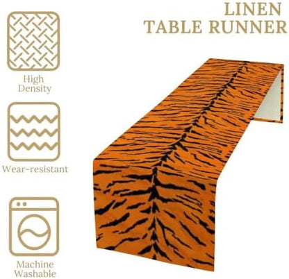 Vintage Tiger Print Table Runner, Rustic Cottage Country Farm Animal Fur Skin Pattern Western Style Black Brown Print Dinner Runner for Home Kitchen Dining Table Decoration 13x60 Inch