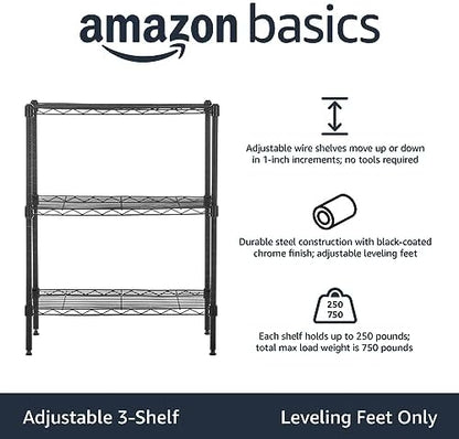 Amazon Basics 3-Shelf Adjustable Heavy Duty Steel Wire Rack Storage Shelving Organizer with Storage Space, Versatility and Ease of Use for Kitchen, Garage, 23.2" L x 13.4" W x 30" H, Black