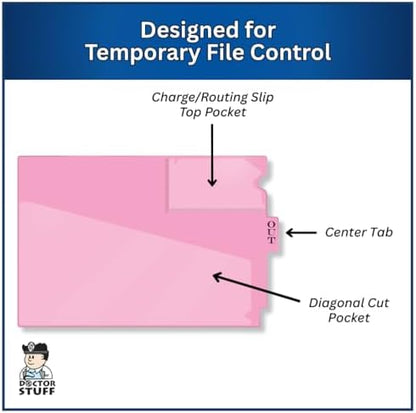 Doctor Stuff - Center Tab Vinyl Out Guides, Diagonal Cut Front Pocket, Top Charge Out Slip Pocket, Plastic File Folder, Letter Size 9" x 13-1/4", Pink, 100/Box