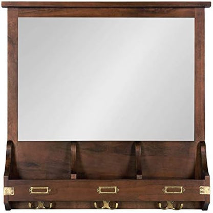 Kate and Laurel Stallard Decorative Wood Home Wall Organizer Mirror with Pockets and Key Hooks, Walnut Brown