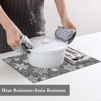 Christmas Placemats Set of 4, Grey White Snowflakes Pattern Heat Resistant Washable Table Place Mats Winter Cotton Table Linens Party Holiday Decor for Kitchen Dining Outdoor Indoor