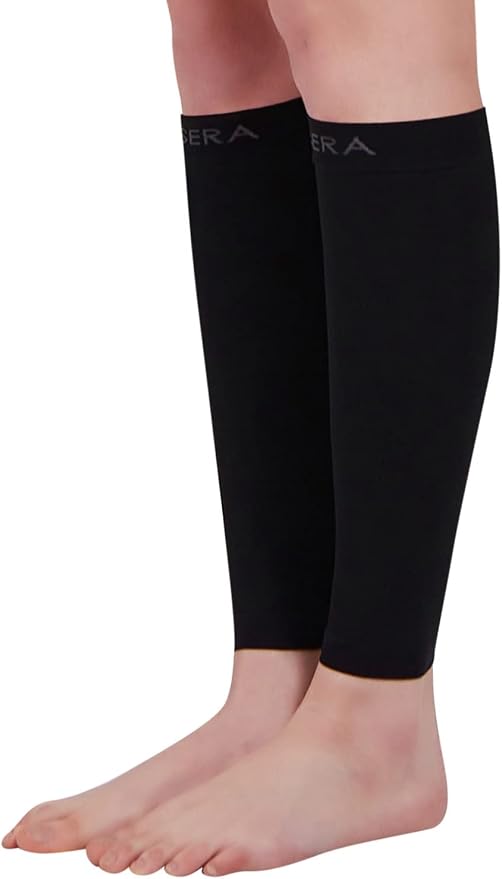 BSERA Calf Compression Sleeve Women, 2 Pairs 15-20mmHg Calf Support Footless Compression Socks Stockings for Shin Splints, Varicose Veins, Recovery (Black, Medium)