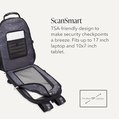SWISSGEAR 1900 ScanSmart Laptop Backpack, Fits Most 17-Inch Laptops, TSA-Friendly Lay-Flat Design, RFID Protection, and Tablet Pocket, Black, 31L, 18.5-Inch