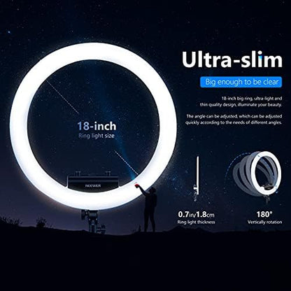 Neewer Ring Light Set [Improved Version - 1.8 cm Extremely Slim] - 18 Inches, 3200-5600K, Dimmable LED Ring Light with Lamp Base, Rotating Phone Holder, Hot Shoe Adapter