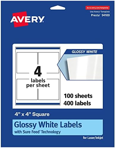 Avery® Glossy White Square Labels, Sure Feed® Technology, 4" x 4", 400 Glossy White Labels, Permanent Adhesive, Laser/Inkjet Printable