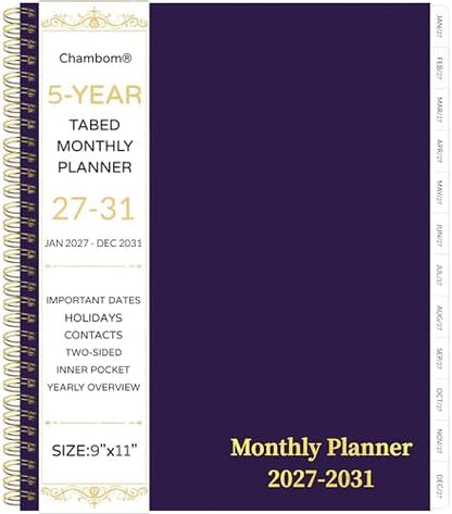 2027-2031 Monthly Planner, 5 Year Monthly Planner/Calendar 2027-2031, 60-Month Jan 2027 – Dec 2031, 9" x 11", Tabs, Double-Side Pocket, Holidays, Thick Paper - Purple