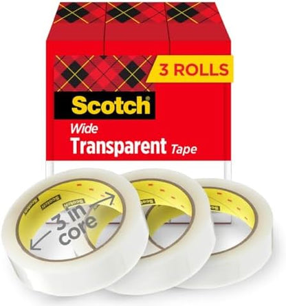 Scotch Transparent Tape, 3 Inche Core, 1 in x 2592 in, 3 Rolls