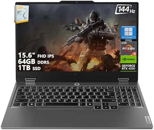 Lenovo LOQ Gaming Laptop | 15.6" FHD IPS 144Hz (100% sRGB G-SYNC) | AMD Ryzen 5 7235HS | 64GB DDR5 1TB SSD | NVIDIA GeForce RTX 4050 6GB | Backlit Wi-Fi 6 Privacy Camera Win11 Pro w/DLCA Accessory