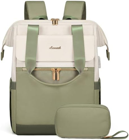LOVEVOOK Laptop Backpack for Women, 15.6 Inch Work Laptop Bag with USB Port, Fashion Teacher Nurse Backpack Purse, Waterproof Travel Computer Backpack with Organizer Bag, 2PCS, Beige-Bean Green