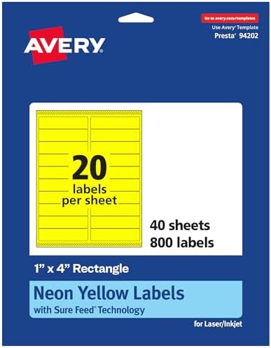 Avery® Printable Rectangle Labels, Sure Feed® Technology, 1" x 4", Neon Yellow Labels, Laser/Inkjet Printable, 800 Total, Great for Mailing and Cosmetics