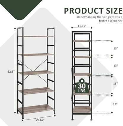 5 Tier Bookshelf, Free Standing Bookcase with Open Storage Shelves