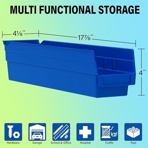 Akro-Mils 30128 Heavy Duty Plastic Shelf Bins, 18"x 4"x 4", Red, 12-Pack