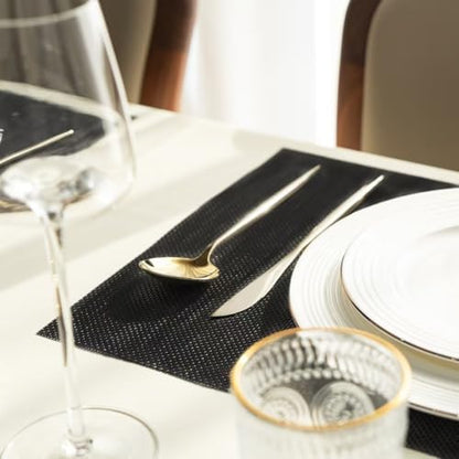Placemats Set of 6 Vinyl/Plastic Woven Place Mats for Kitchen Table Indoor/Outdoor Washable Placemat Wipeable Dining Table Mats (Full Black,6)
