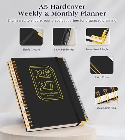 Academic Planner 2026-2027, Weekly and Monthly Hardcover Planner, July 2026 - June 2027, 5.75" x 8.38" A5 Large Daily Calendar Planner Book with Tabs, Spiral Yearly Agenda Organizer Notebook for School Work Home, Black