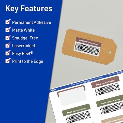 Avery TrueBlock Matte White Rectangle Labels, Sure Feed Technology, 1" x 2", 600 Matte White Labels, Print-to-The-Edge, Laser/Inkjet Printable, Great for Packaging and Product Merchandising