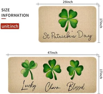 St Patricks Day Kitchen Rug Set of 2, Non-Slip Absorbent Door Mats Seasonal Lucky Green Shamrock Clover Decorative Kitchen Floor Mat 17x29 and 17x47 Inch DM127