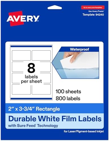 Avery® Printable Durable White Rectangle Labels, Sure Feed® Technology, 2" x 3.75", Print-to-the-Edge, Waterproof Labels, Laser & Pigment-Based Inkjet Compatible, 800 Total