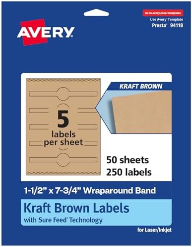 Avery® Kraft Brown Wraparound Band Labels, Sure Feed® Technology, 1.5" x 7.75", 250 Kraft Brown Labels, Print-to-the-Edge, Laser/Inkjet Printable Labels