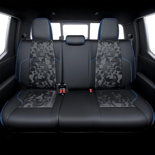 Leather Seat Covers Custom Fit for 2024-2026 Tacoma Gen 4th Double Cab - Fully Covered - Fit Like a Glove - Center Console Armrest Covers Included - Camouflage Black & Blue Stitching - color: ( CamoBlack-Blue Stitching ) & Full Set, size: For Tacoma Gen 4