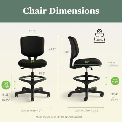HON Volt Ergonomic Office Stool, Armless, Office Desk Computer Chair, Black