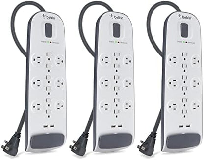 Belkin 12-Outlet USB Power Strip Surge Protector, Flat Plug, 6ft Cord (3,996 Joules), White - Pack of 3