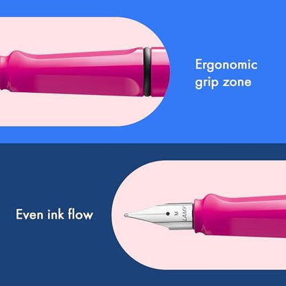LAMY safari pink - Fountain Pen with ergonomic grip & polished steel nib in size F - ideal for any Writing & Calligraphy - including LAMY T 10 blue cartridge - Right-Handed