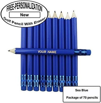 EZPENCILS & GIFTS - Golf Pencils Tipped with Eraser (1/2 a Pencil) - Sea Blue Colored Barrel - FREE-PERSONALIZATION - 2HB Black Lead - Custom Text - Non-Smear Eraser – Package of 70