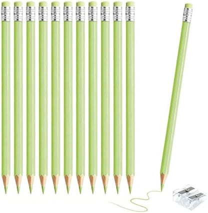 12 PCS Macaron Green Colored Pencils with Eraser Pre Sharpened Pencil 2 HB - Ideal for Checking, Grading, Tests & Office/School Supplies