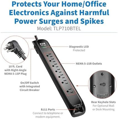 Eaton Tripp Lite Series TLP710BTEL Surge Protector Power Strip with Flat Plug & Modem/Phone Ports, 7 Outlets, 900 Joules, 10ft Power Cable, Black, Manufacturer's Liftime Warranty & $50,000 Insurance