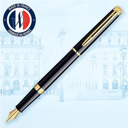 Waterman Hémisphère Fountain Pen Black with Gold Trim Medium Nib Blue Ink Gift Box