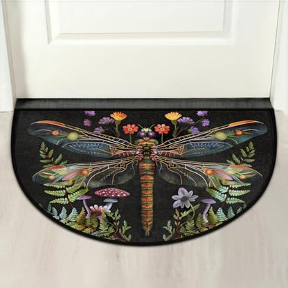 Dragonfly Mushroom Flower Half Round Door Mat Non Slip Washable Semi Circle Area Rug Absorbent Soft Half Moon Rug Floor Mat for Indoor Outdoor Kitchen Bathroom Patio Front Door Mat Decor
