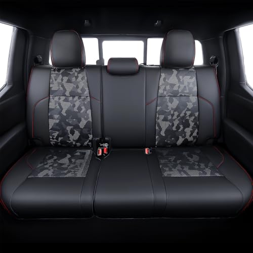 Leather Seat Covers Custom Fit for 2024-2026 Tacoma Gen 4th Double Cab - Fully Covered - Fit Like a Glove - Center Console Armrest Covers Included - Camouflage Black & Red Stitching - color: ( CamoBlack-Red Stitching ) & Full Set, size: For Tacoma Gen 4th
